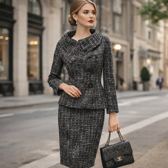 Isabella DeMarco Skirt Suit Womens 2 Blk/Wht Tweed Portrait Collar Set Tailored